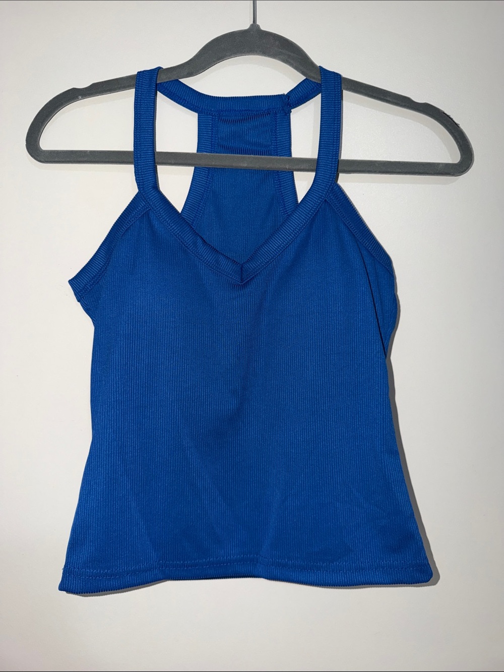 Blue Ribbed V-Neck Tank Top with Built in Bra with Padding | S